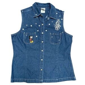 Vtg 90s Disney Store Mickey Mouse Minnie Embroidered Denim Vest Top L 20.25x24